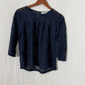 LOFT blue elbow sleeve lace eyelet sheer overlay top blouse shirt - Small